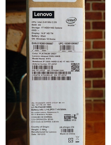 Laptop Lenovo 14p 4rab Core I3 1tb Ideapad 330s-14ikb Plata