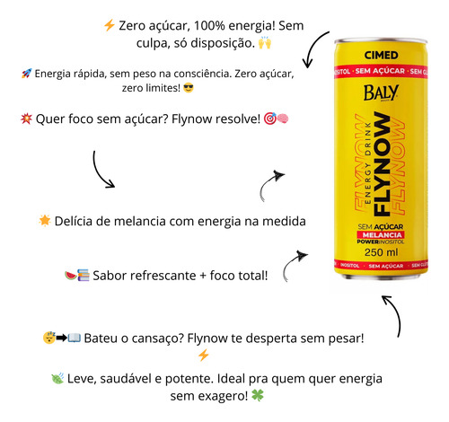 Energetico Baly Flynow Melância Sem Açucar 250ml Lata Cimed