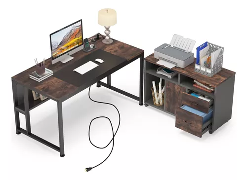 Tribesigns Escritorio en forma de L con 2 cajones, escritorio de oficina  ejecutivo de 55 pulgadas con estantes de almacenamiento de gabinete,  muebles