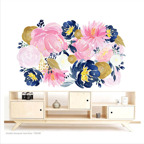 Vinilo Troquelado Bouquet Rosa Azul  Pl 130x80 Acuarel