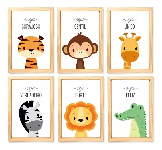 Quadro Decorativo Infantil Safari Animais Com Moldura