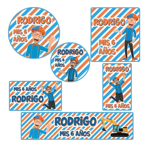Kit 144 Stickers Blippi Fondo Rayado Candy Bar Etiqueta