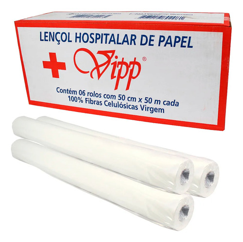 Lençol Descartável Picotado Papel Maca 50cmx50m Cx 06 Rolos Vipp 100% celulose, papel hospitalar para maca  cor branca, hospitais, clinicas, depilacao, estetica, tatoo, salão de beleza en rolo