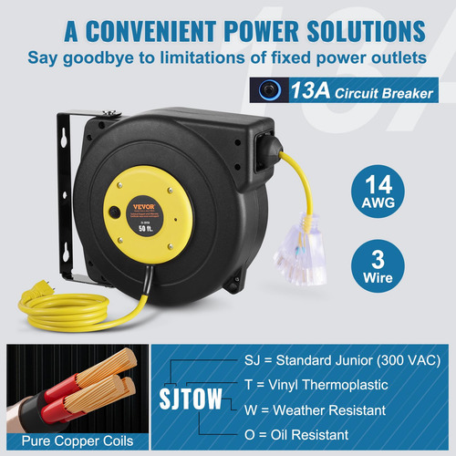 Carrete Retráctil De Cable De Extensión Vevor, 50 Pies, 14 A