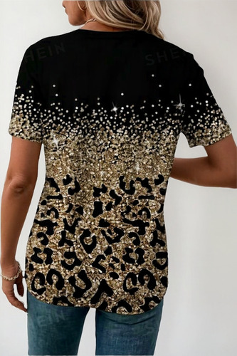 Camiseta Shein Minimalista Estampado De Leopardo Cuello Red