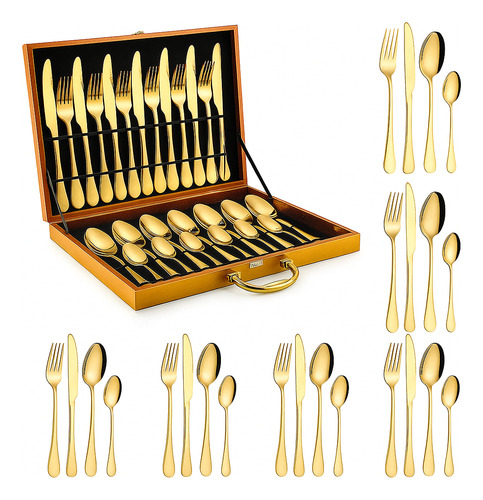 Elegante Set Clásico De Cubiertos Dorados 24 Piezas. Acero I Dorado