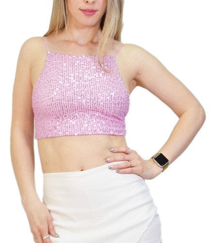 Top De Lentejuelas Rosa Dama Elegante Brillos Blusa Ajustada