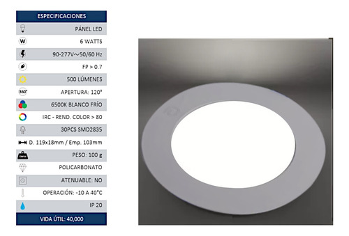 20 Pz Plafón Led Empotrable Luz 6w Ip20 Blanco Frío 6500k Blanco