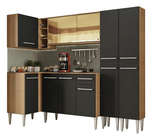 Cozinha Canto Madesa Emilly Line Balcão, Armário E Paneleiro Cor Rustic/Preto