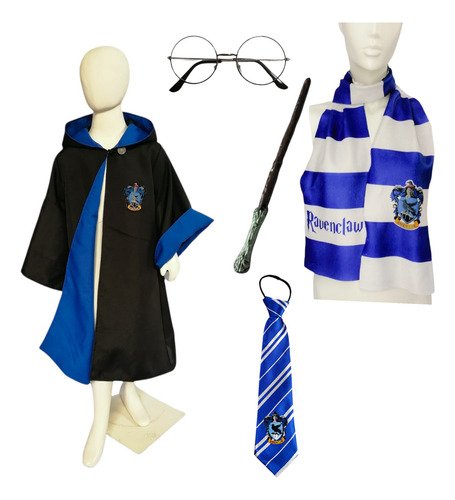 Disfraz Capa Harry Halloween Cosplay Ravenclaw Potter Niños Con Capucha + Kit Corbata Lentes Varita De Luz Bufanda