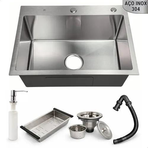 Cuba Inox Para Pia De Cozinha Gourmet Embutir Ou Sobrepor Aço Inoxidável 304 Quadrada 60x45cm Escovada Completa Com Acessórios Luxo Moderna Anti Ruído - Softinox Escovado