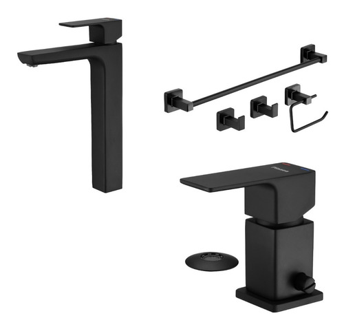 Imagen 1 de 7 de Griferia Negra Lavatorio Bidet Con Accesorios Cube Piazza