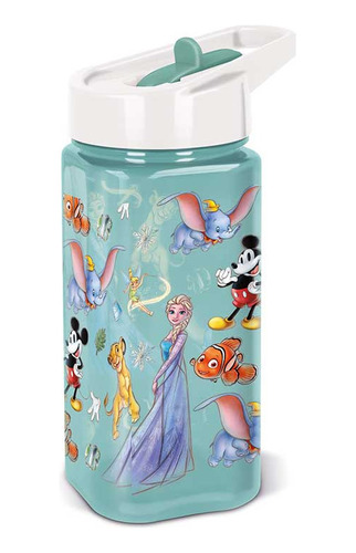 Botella Cuadrada Plástica Con Pajita Disney 100 530 Ml