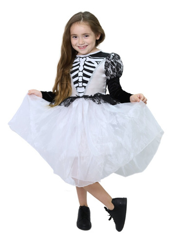 Disfraz Vestido Blanco De Catrina Esqueleto Con Maquillaje Para Niñas