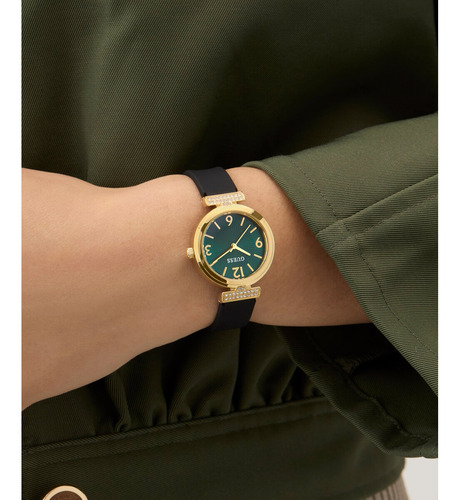 Reloj Guess Mujer Verde Array Correa Negro Bisel Dorado