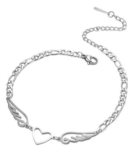 Tobillera Pulsera Mujer Corazón Alas Acero Plata Amor Trendy