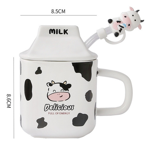 Taza Cerámica Milk Vaquita Con Popote Y Tapa 330ml