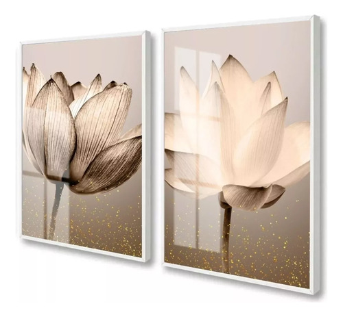 Pôster Decorativo Flores Bege Sala Quarto + Moldura E Vidro