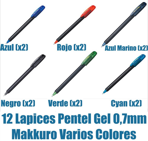 Roller Energel Lapiz Gel Pentel Makkuro 0,7mm Colores - 12un