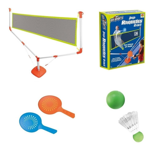 Jogo Raquetes Com Rede Bolinhas Base Tênis Badminton 2 Em 1