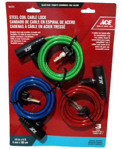 Candado Cable Espiral Acero 6 Mm X 180 Cm Ace (pack 3 Und.)