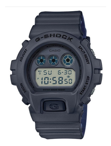 Reloj pulsera Casio G-Shock DW-6900 de cuerpo color gris, digital, para hombre, fondo gris, con correa de resina color gris, dial negro, subesferas color azul y negro, minutero/segundero negro, bisel color gris, luz azul verde y hebilla simple