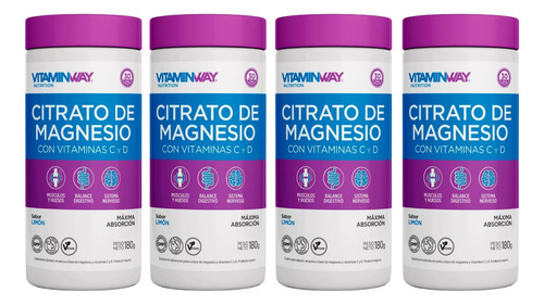 Pack X4 Citrato De Magnesio Vitamin Way Polvo Bebible 180 Gr