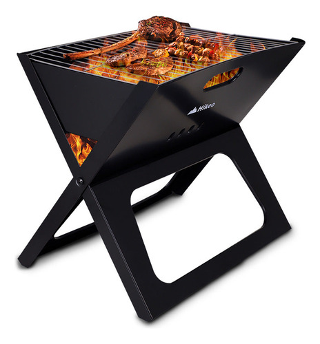 HIKEO Asador de Carbón Portátil Plegable, Mini Parrilla para Carne Asada Fabricada en Acero Refinado Ultrarresistente, Diseño Plegable Fácil de Armar, Ideal para Camping, Parrillada, Playa, Picnic