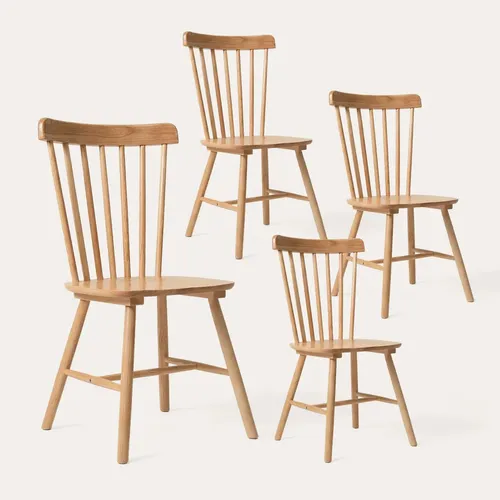 Pack 4 Sillas De Comedor Madera De Caucho Maciza Windsor Estilo Nórdico Vintage Natural Venhoouse