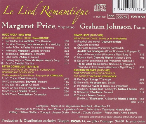 Margaret Price - Canciones: Wagner, Wolf, Cornelius - Cd.