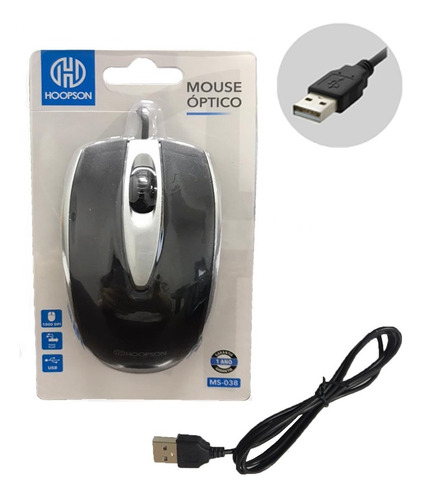 Mouse Óptico Usb 1000 Dpi Hoopson Ms-038cz Prata Com Fio Cor Preto