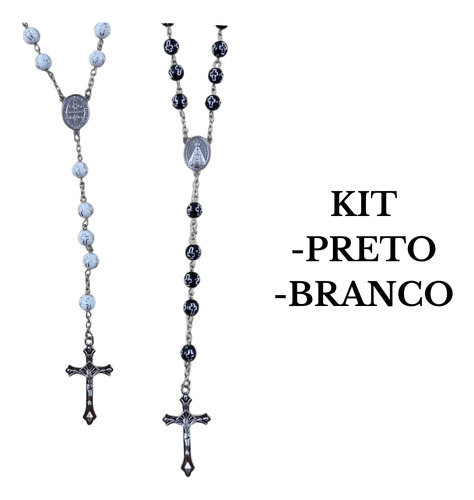 2 Terço Colar Nossa Senhora Com Crucifixo Preto + Branco