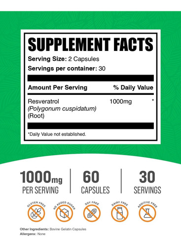 Bulk Suplements Resveratrol 1000 Mg 60 Cápsulas Sin Sabor