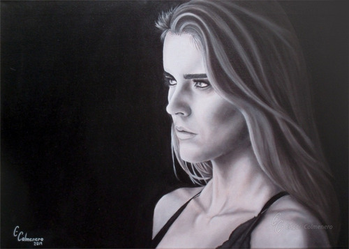 Retrato Al Oleo, Mujer Figurativo Blanco Y Negro 50x70 Cm