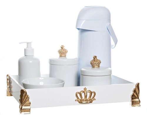 Kit Higiene Corôas Douradas Porcelanas Bandeja 6 Itens Bebê Cor Branco