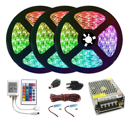 Tira Led Rgb 5050 15 Metros Lineal Rgb Gamer Fuente Control