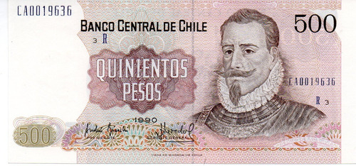 Billete De Chile 500 Pesos Año 1990 Reposición Unc