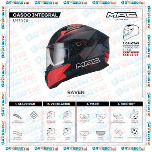 Imagen 9 de 10 de Casco Moto Mac Speed 2.0 Raven Doble Visor Negro Mate Rojo