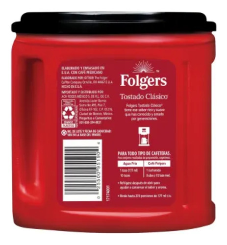 Café Tostado Y Molido Folgers Clásico 816 G