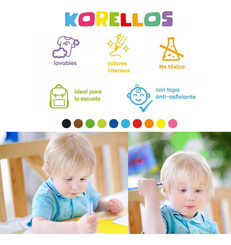 Plumones Lavables Doble Punta Conica/fina - 12 Pzas Kores