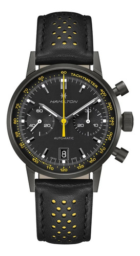 Reloj Hamilton American Classic Intra-matic Automatic Chrono Correa Negro Bisel Amarillo Fondo Negro