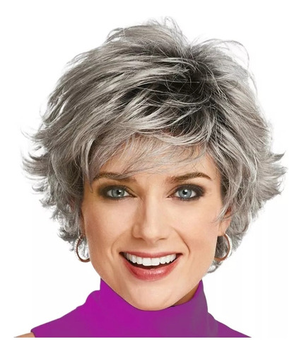 Peluca Ombre De Mujer, Corta Y Despeinada, Gris Degradado