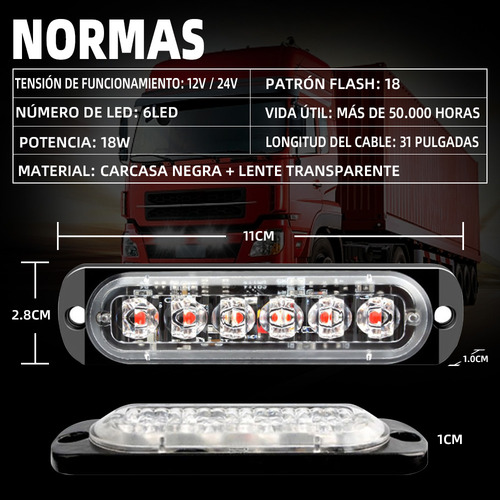 2 Pcs Barra De Luz Estroboscópica 6 Luces Color Rojo Y Azul