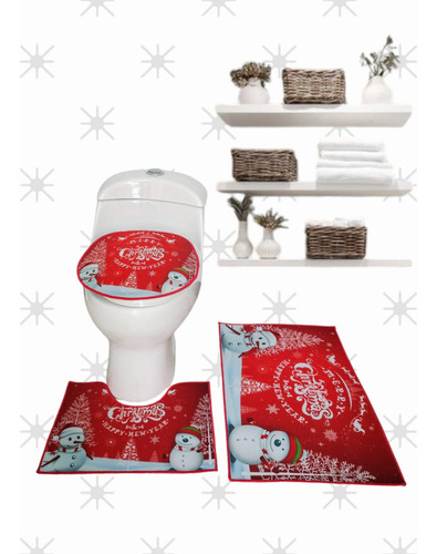 Juego De Baño Navideño Tapete De 3 Piezas Adorno Navidad Color Rojo 14