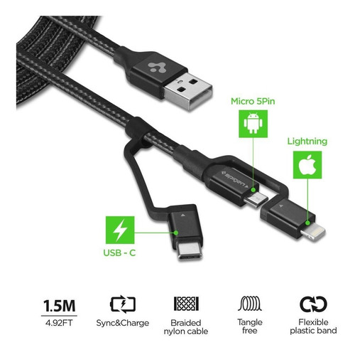 Imagen 4 de 9 de Cable Spigen Multipuerto 3 En 1 Carga Rapida 3.0