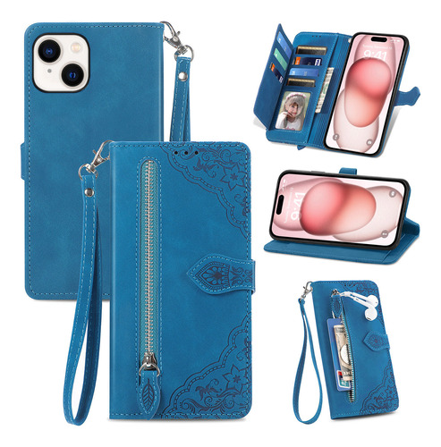 Funda De Piel Tipo Cartera Con Cremallera Para iPhone (azul)