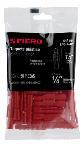 Taquete Plástico Rojo Intemperie 1/4 Fiero ( 2400pz )