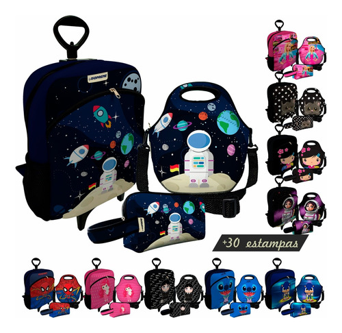 Kit Escolar Mochila Rodinha Infantil Lancheira Estojo Kids