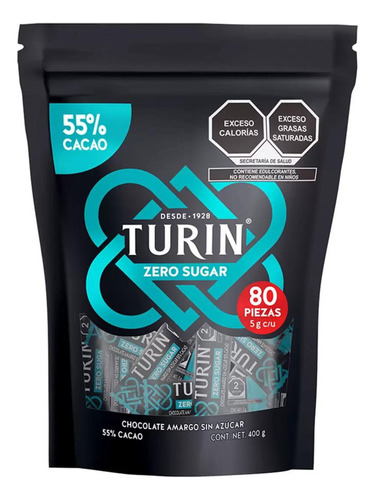 Chocolate Amargo Zero Azúcar Turin 80 Piezas 400g