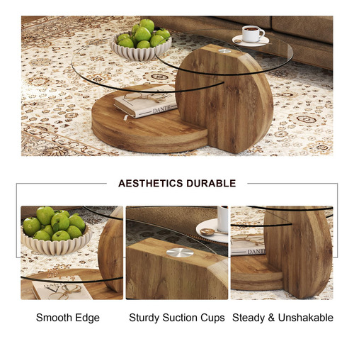 Mesa De Centro Redonda De Cristal Y Madera Con Almacenamient